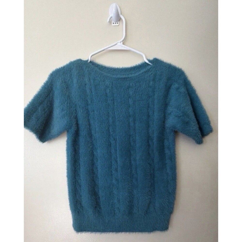 Women's Blue Fuzzy Knit Short Sleeve Crew Neck Pullover Sweater